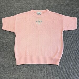 VTG Bay Point Pink Floral Embroidered Sweater Womens M Short Sleeve Cottagecore